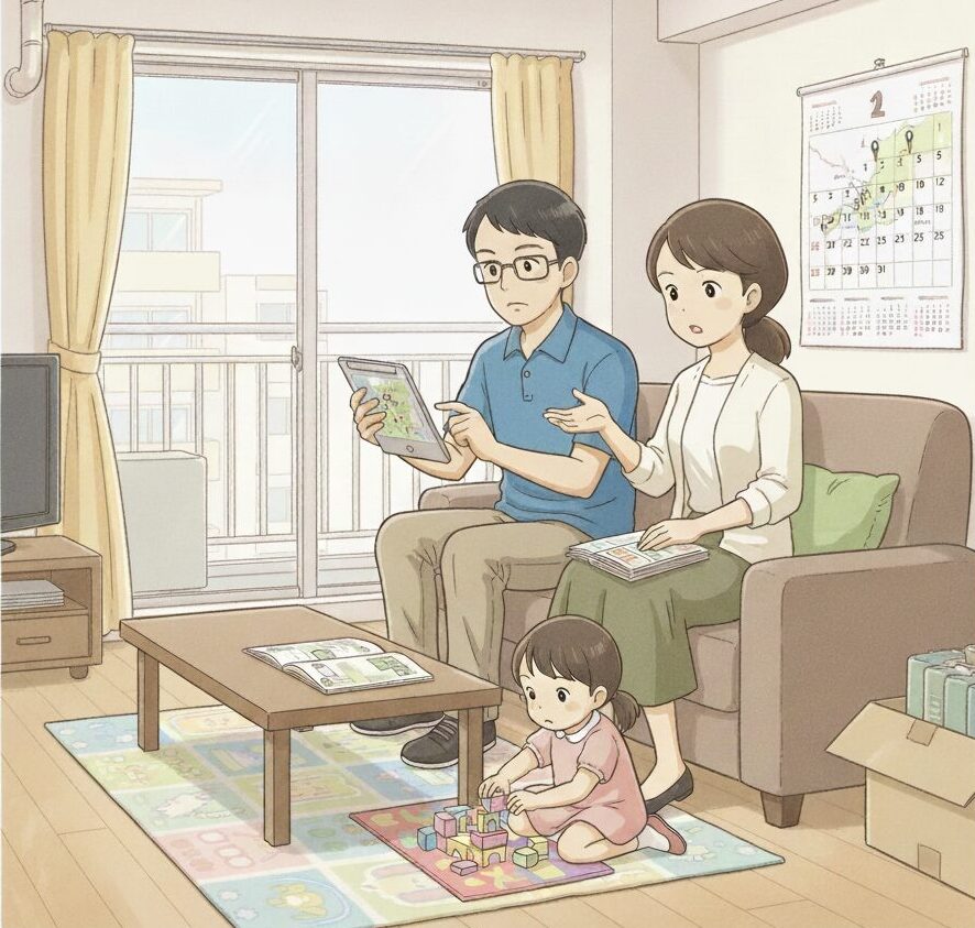 夫は中堅メーカー勤務で、3〜5年周期で全国転勤の可能性アリ。妻はパート勤務で、3歳の娘が一人