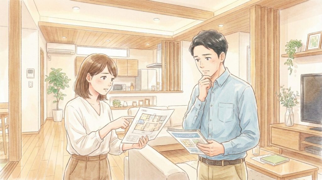 新潟の住宅展示場で予算、住宅ローン、建物価格について迷う夫婦