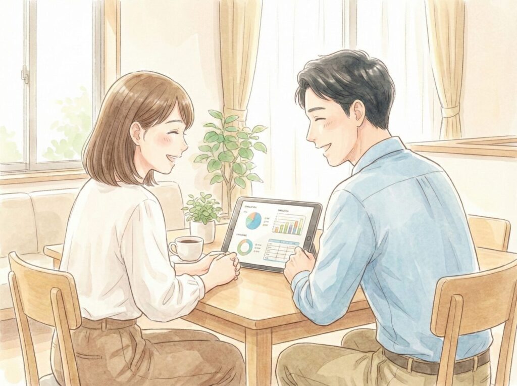 新潟で住宅購入を検討している30代夫婦がマイホームお金の相談窓口のファイナンシャルプランナーに相談してキャッシュフロー表を眺めて安心している